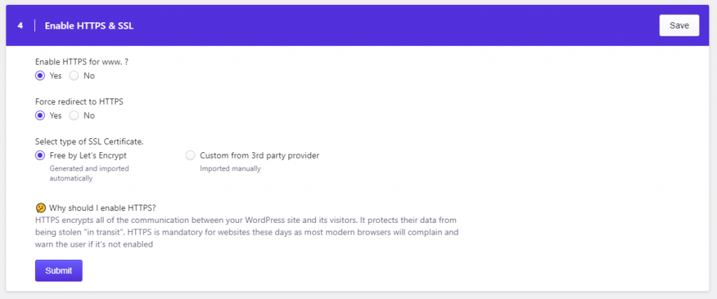 We provide free SSL certificate integration directly through your Pressidium Dashboard
