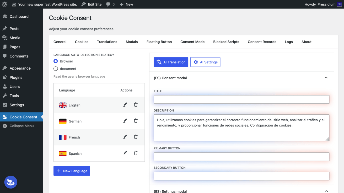 AI translation settings in the Pressidium Cookie Consent plugin showing language detection options