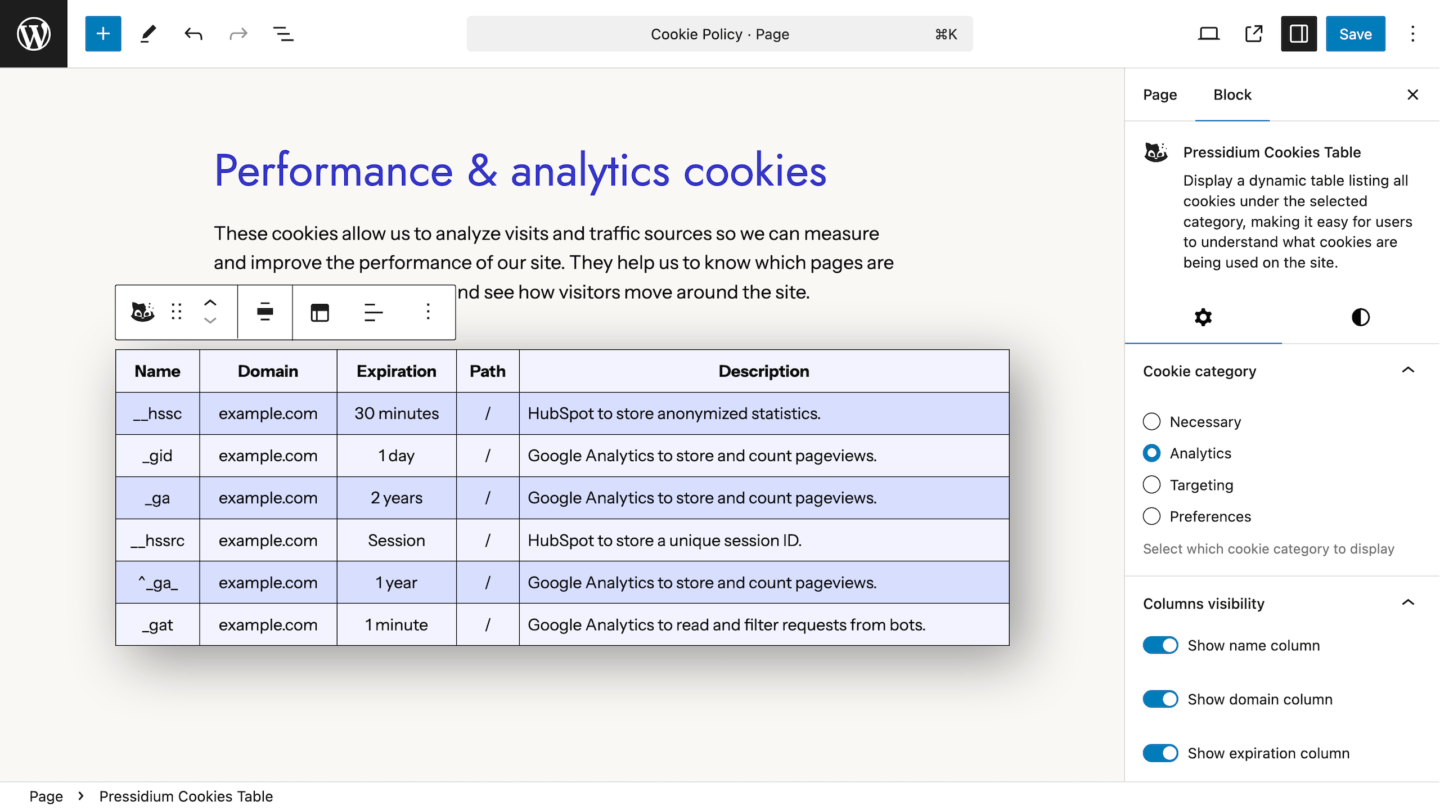 WordPress Block Editor with Pressidium Cookie Consent table block inserted into page layout