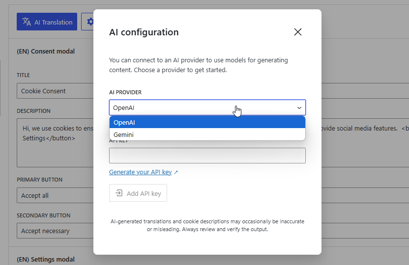 Choose between OpenAI or Gemini as AI provider in the Pressidium Cookie Consent plugin