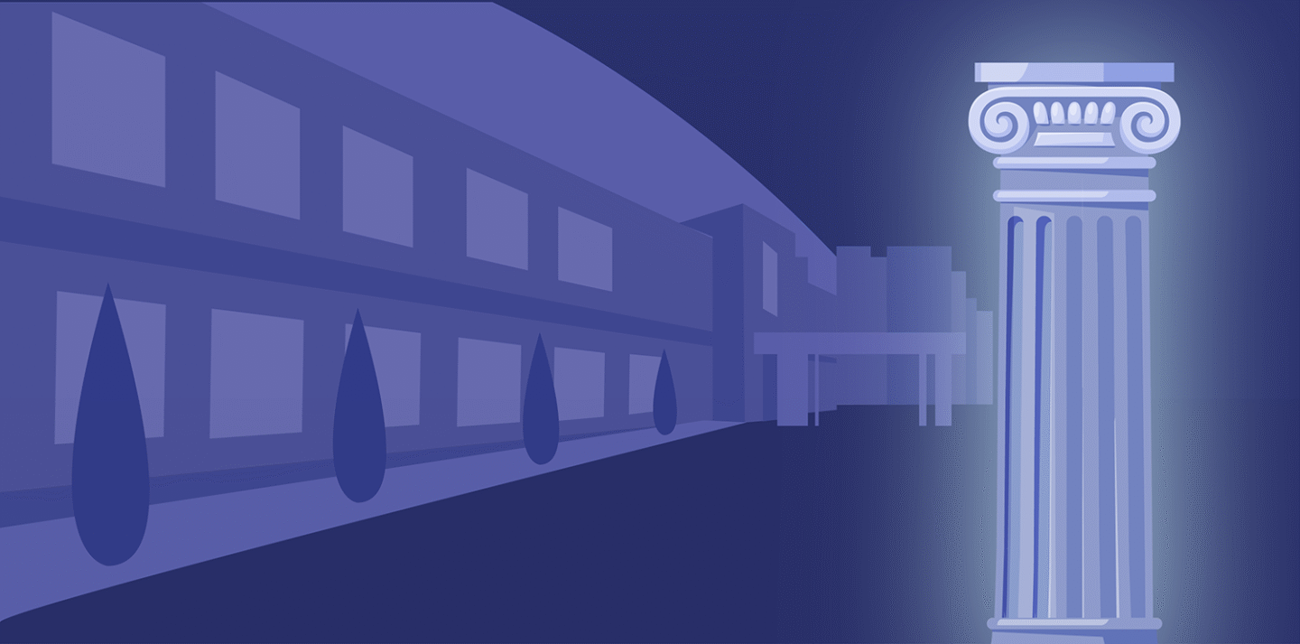 Strong glowing column representing continuity and trust in university digital campuses with Pressidium Edge.