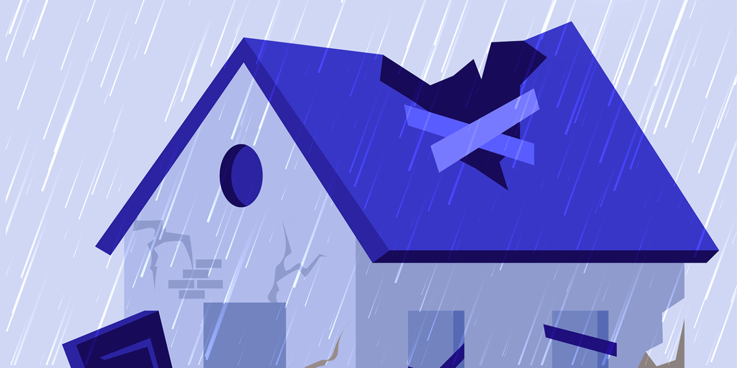 House with leaking roof patched with tape during rain, representing the fragile cycle of patching university digital systems.
