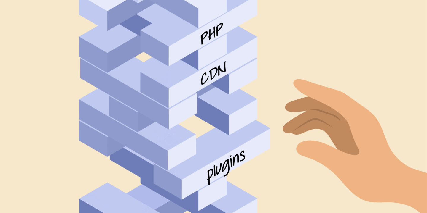 The hidden tax of growth in agency infrastructure, symbolized by a Jenga tower