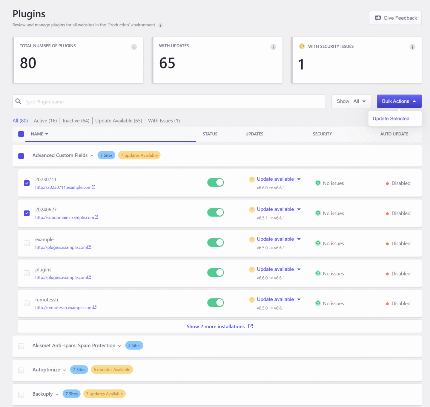 Pressidium dashboard showing centralized WordPress plugin updates and security status across multiple sites.