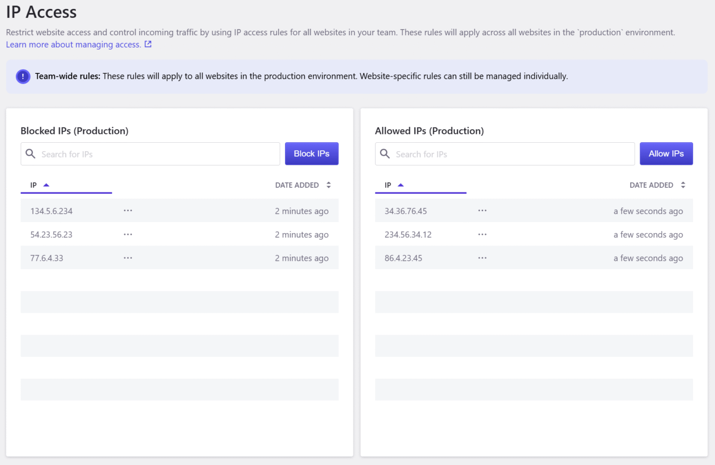 Pressidium dashboard interface displaying a unified list of global IP and Geo-Blocking rules applied across multiple websites within a team account.