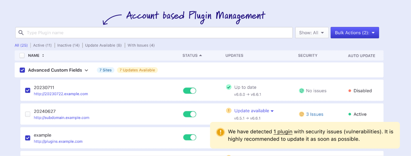 Pressidium Dashboard Bulk Plugin Management screen displaying all WordPress plugins across multiple websites with update options.