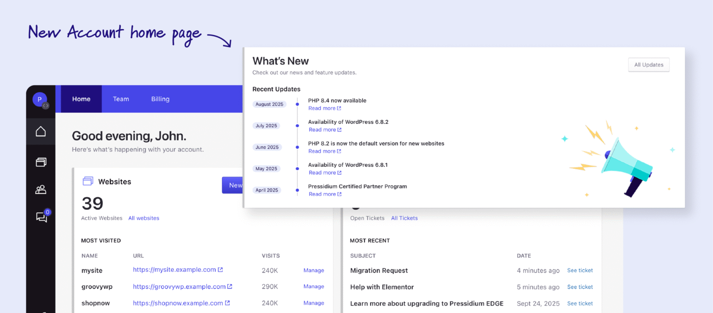 A New Pressidium Dashboard Account home page: top-visited websites, recent support tickets, team overview, activity insights, billing details, invoices, helpful resources.
