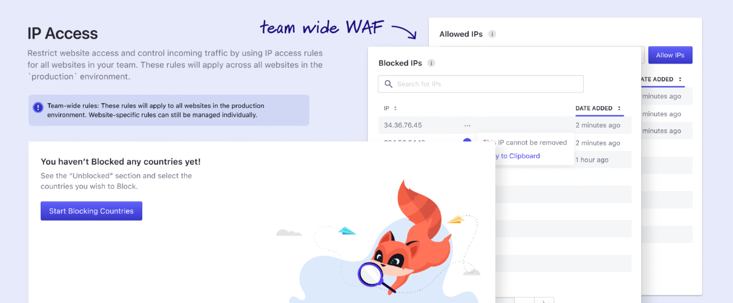 Screenshot of Pressidium’s Web Application Firewall showing centralized IP Access and Geo-Blocking options for managing team-wide firewall rules across all WordPress sites.
