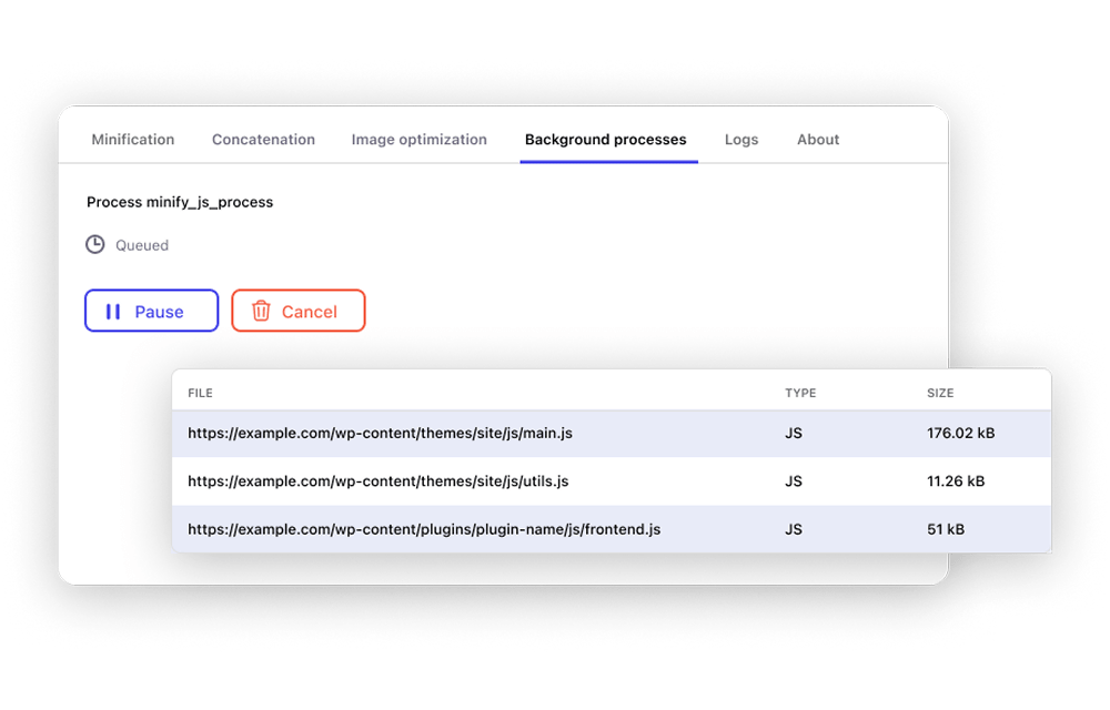 Background process monitoring screen in the Pressidium Performance plugin