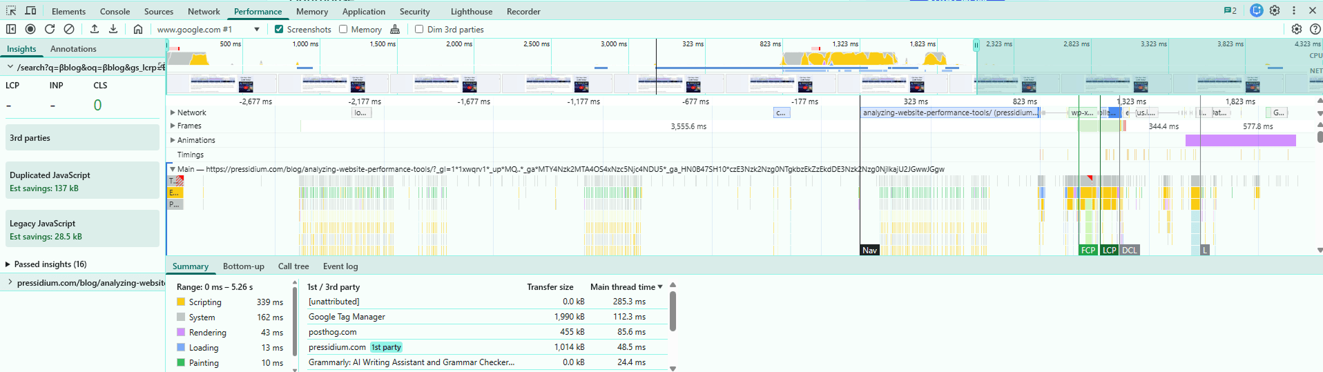 Chrome DevTools Performance capture settings with CPU and network throttling options