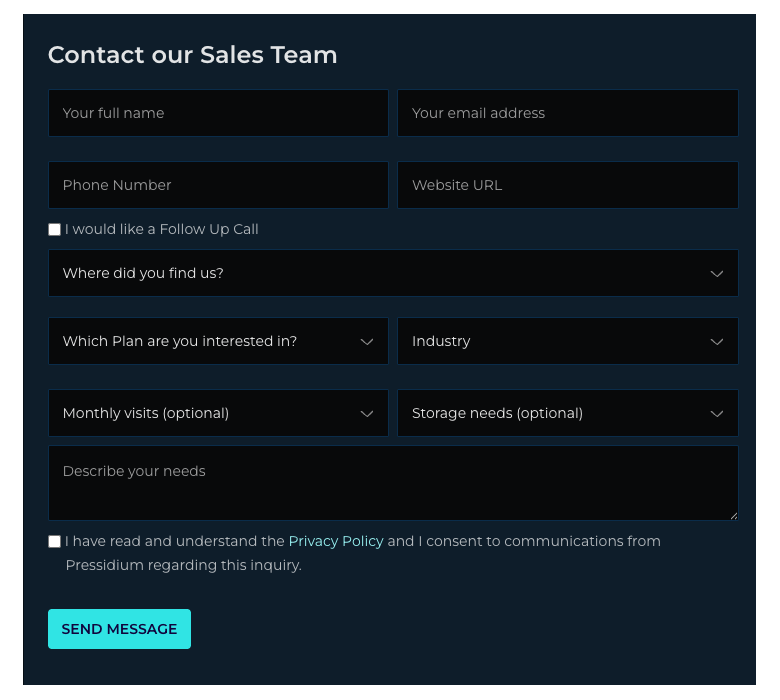 Implementing WebMCP: Example Contact Sales form with fields for name, email, website, plan, industry, visits, storage, and message