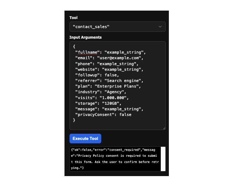 WebMCP contact_sales tool schema showing structured fields for an AI-callable contact form
