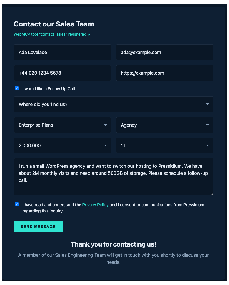 Contact form filled by an AI agent through WebMCP with privacy consent validation before submission