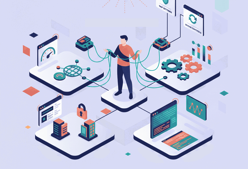 Illustration showing how agency WordPress hosting responsibilities become fragmented across performance, security, caching, and client management tasks.
